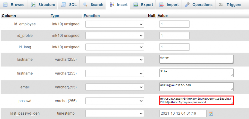 Change password via phpMyAdmin