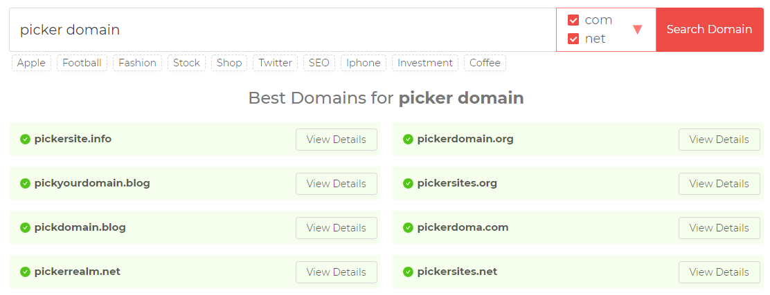 Domain Wheel domain search results. 