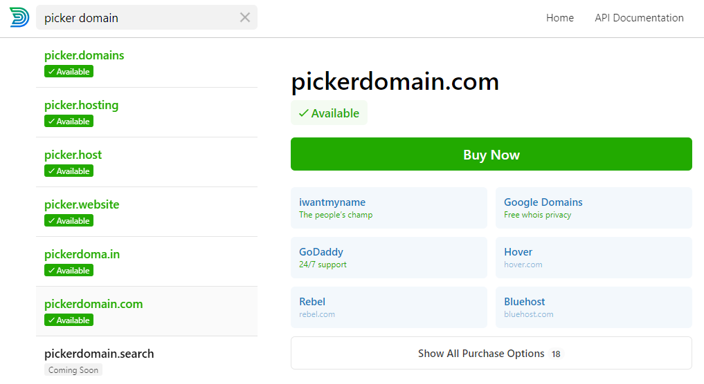Domainr domain name results.