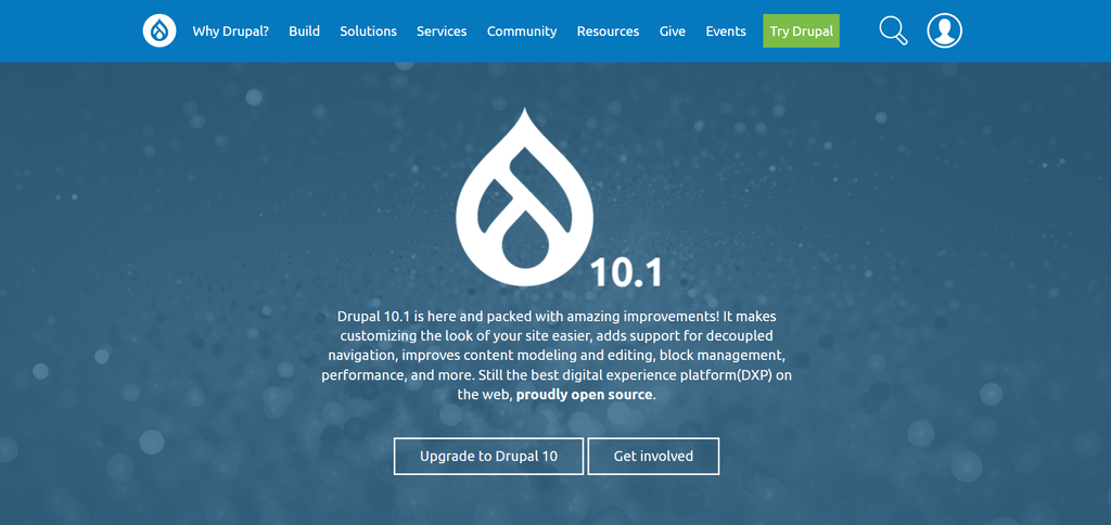 Homepage of Drupal, an open-source content management system that is ideal for large-scale blogs