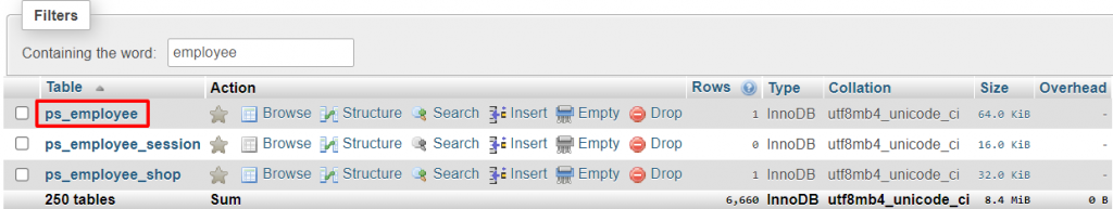 Access the employee table via phpMyAdmin to reset password