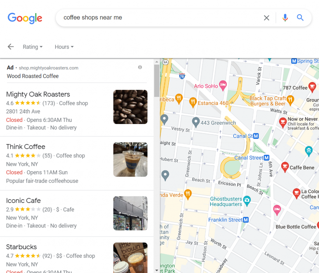 Google's result page for coffee shops near me
