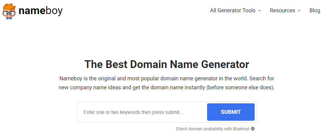 Nameboy domain name generator homepage.