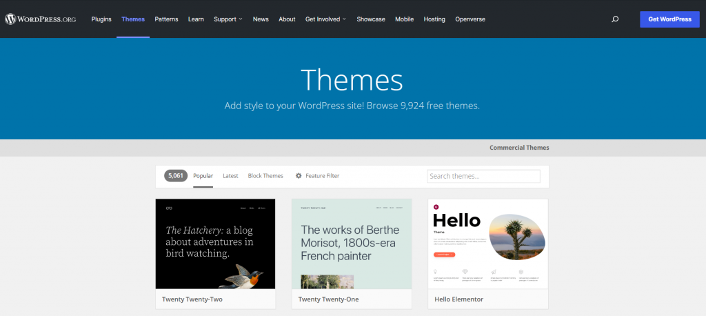 WordPress themes repository page

