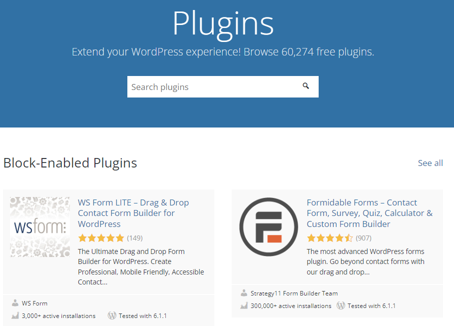 The Plugins page on wordpress.org