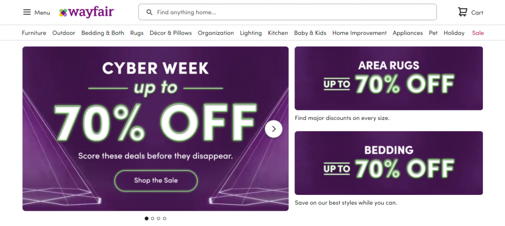 The homepage of Wayfair's eCommerce site.