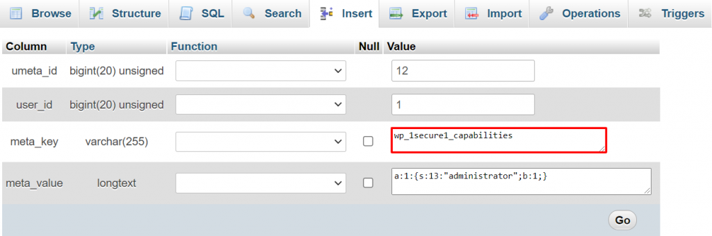 Screenshot of the wp_1secure1_capabilities code being entered