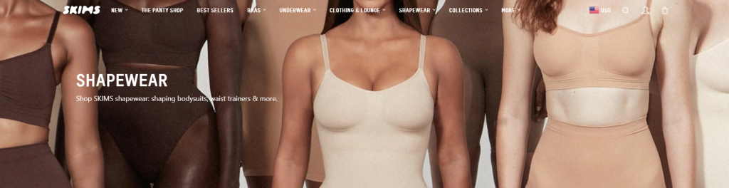 A page on the SKIMS website showing a diverse group of women wearing different styles and colors of shapewear