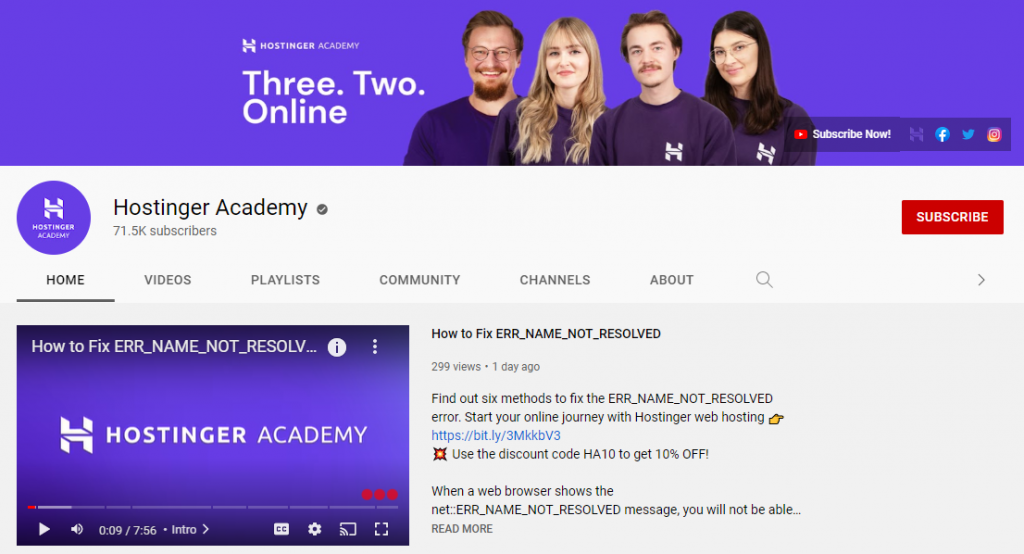 The Hostinger Academy Youtube channel
