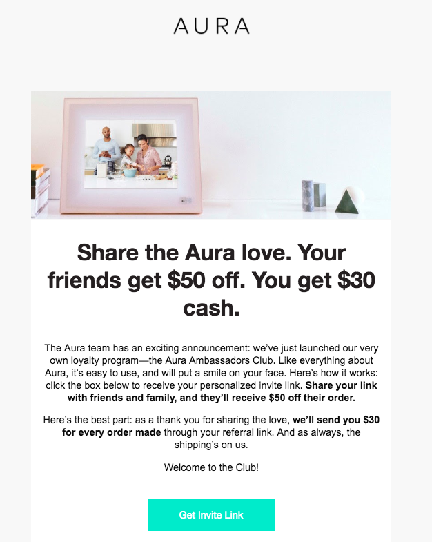 Aura's email to invite referrals.