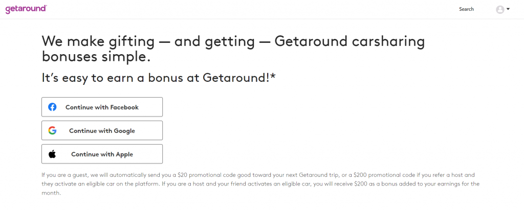 Getaround's referral marketing page with social sign-ins.