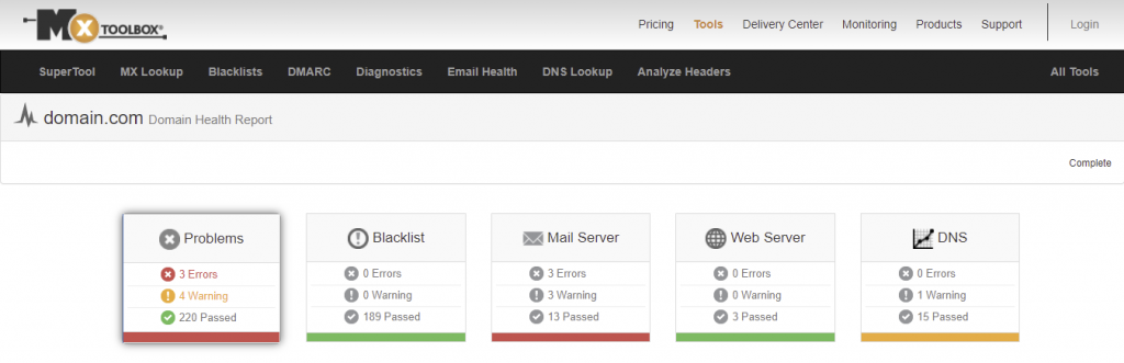 Checking a domain's health using MxToolbox.