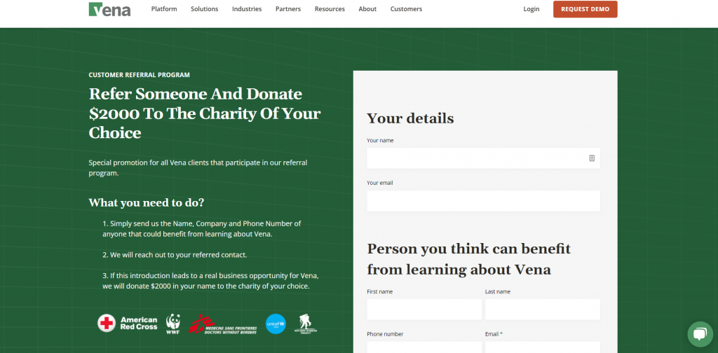 Vena's referral marketing program with donation rewards.