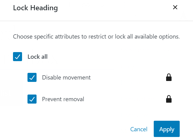 The pop-up for choosing the block locking attributes.