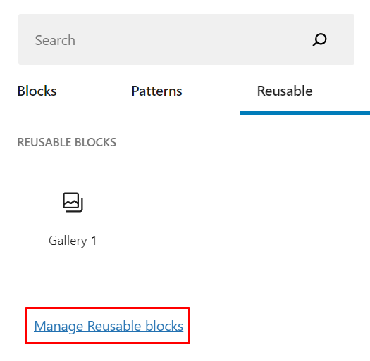 Manage Reusable Blocks option in the block editor 