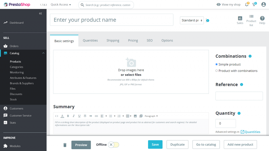 Add new products via the PrestaShop dashboard.