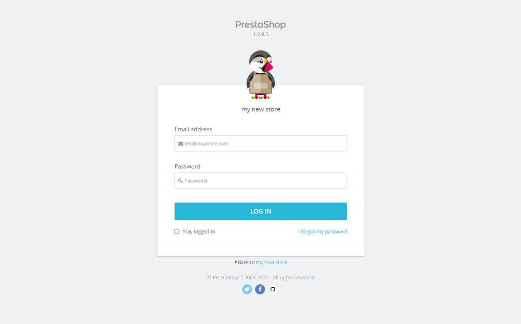 PrestaShop login page.