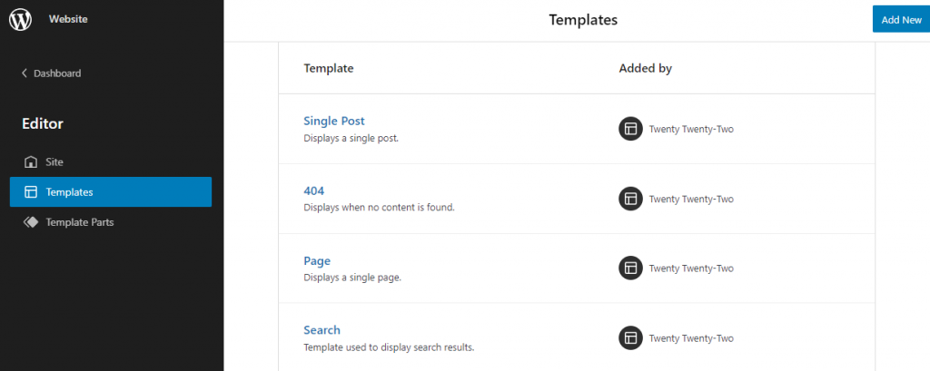 Template options in the WordPress site editor.