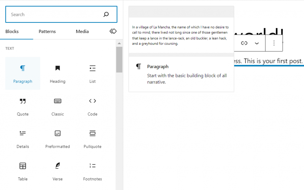 Selecting the paragraph block from the WordPress block inserter