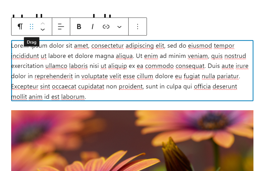 Selecting the six-dot icon to drag a paragraph block on the WordPress block editor