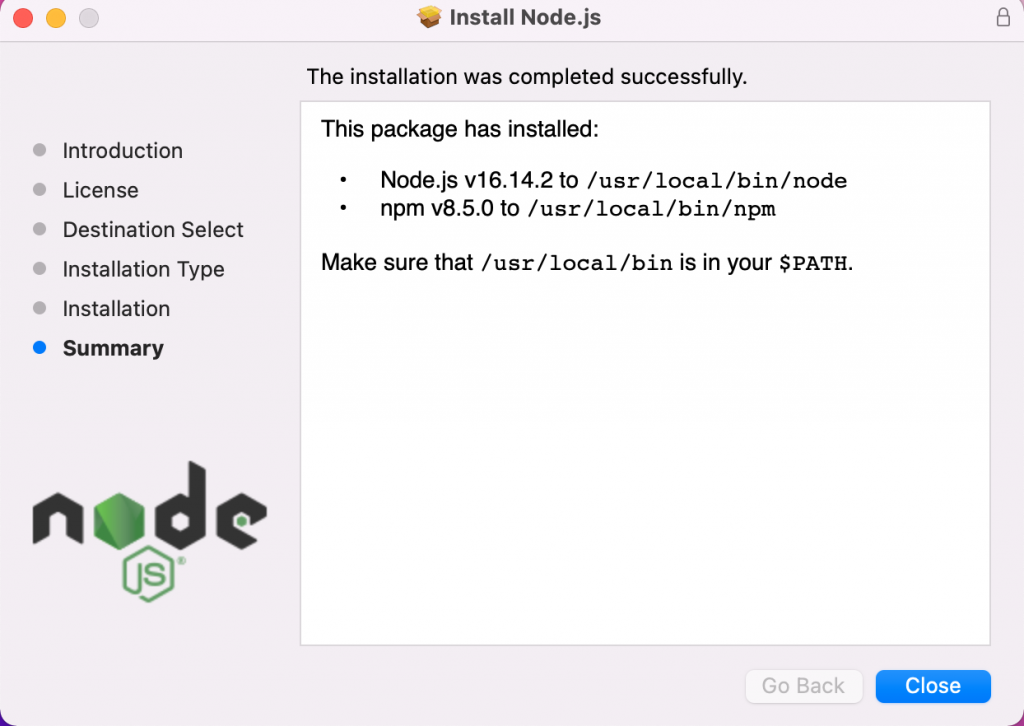 Node.js installation summary on macOS