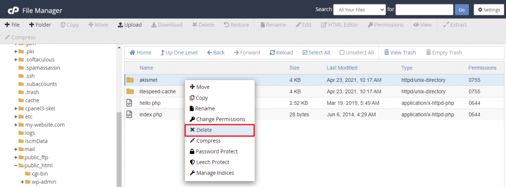 The delete option for the folder in cPanel