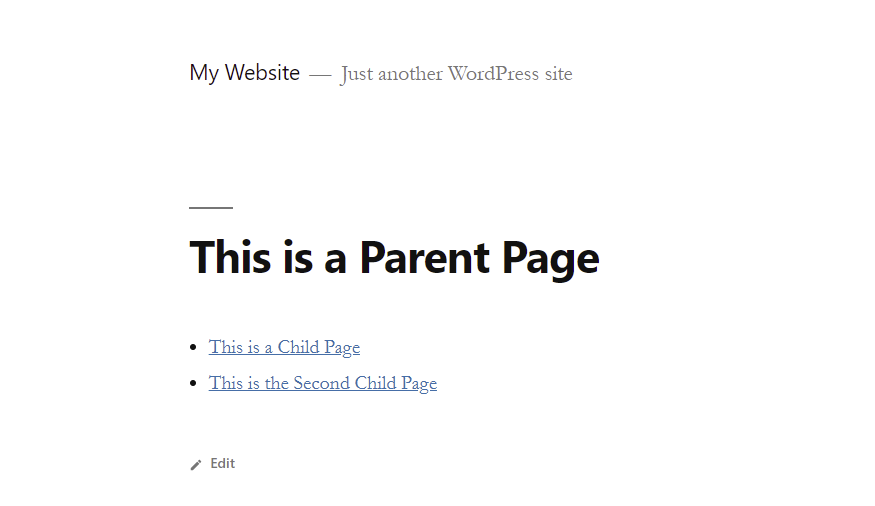 An example of how a list of child pages appears on WordPress