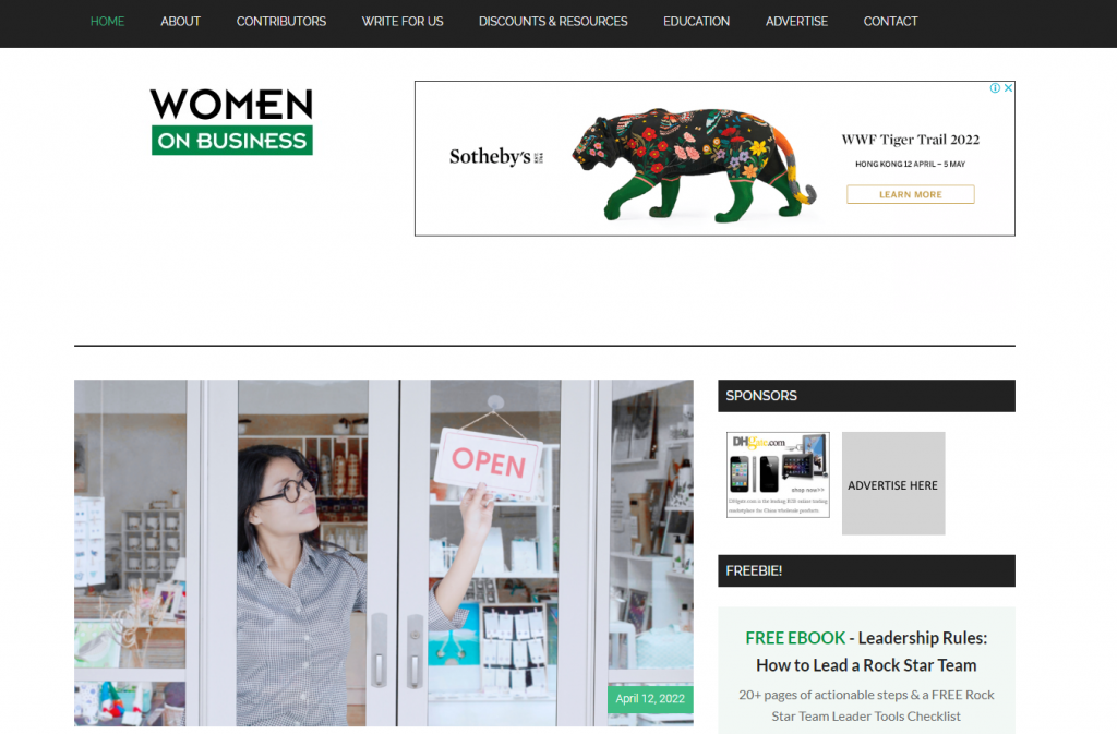 Homepage of Women on Business, an entrepreneurship blog that covers women in business