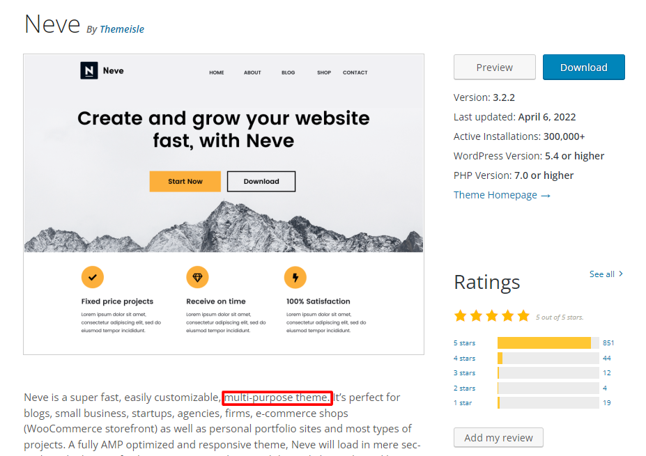 Neve's theme description highlighting that it is a multipurpose theme