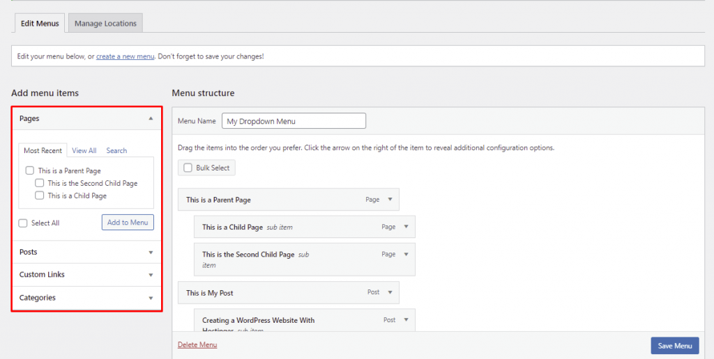The Pages section allows users to add menu items to the menu structure