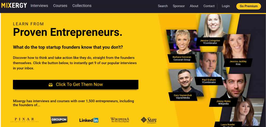 The homepage of Mixergy, an entrepreneurship blog that features interviews with the top startup founders