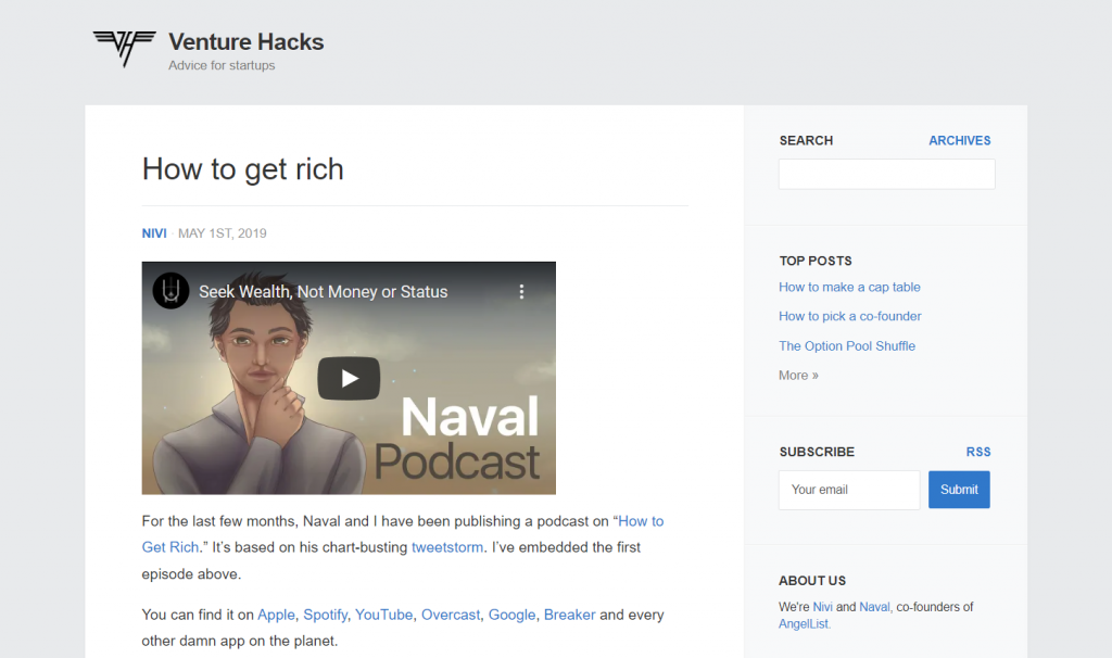 The homepage of Venture Hacks, an entrepreneurship blog that focuses on business ventures