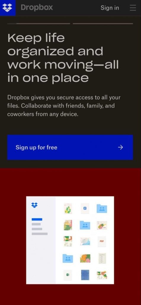 Dropbox's landing page for mobile devices