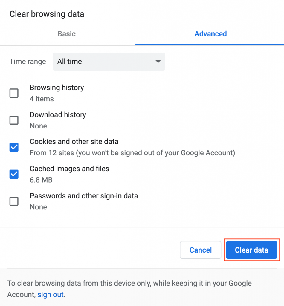 Clear browsing data options on Google Chrome