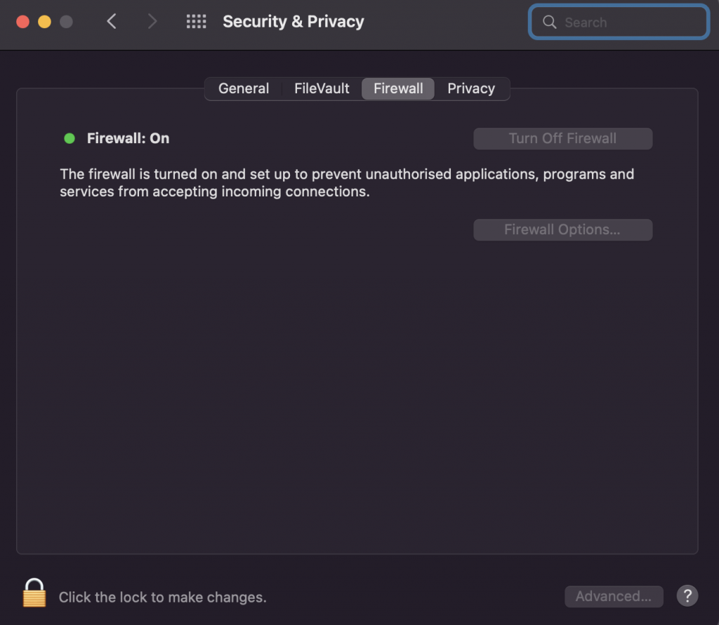 The Firewall tab under Security & Privacy on macOS
