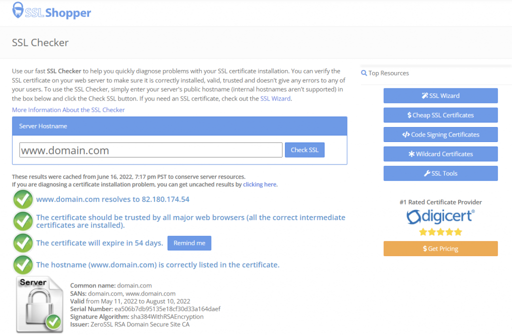 The SSL Shopper tool showing an SSL check result