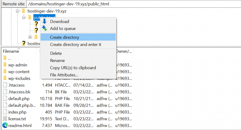 Creating a new folder under public_HTML via an FTP client.