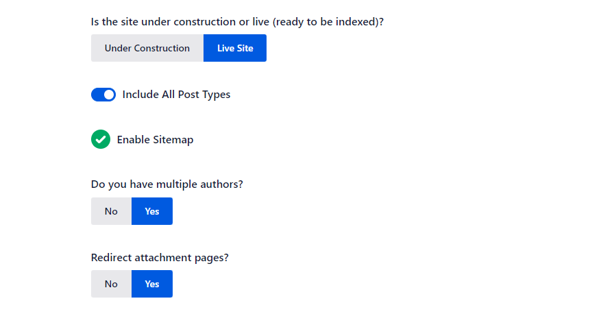 A setup wizard page displays the options for indexing, enabling sitemap, managing multiple authors, and redirecting attachment pages