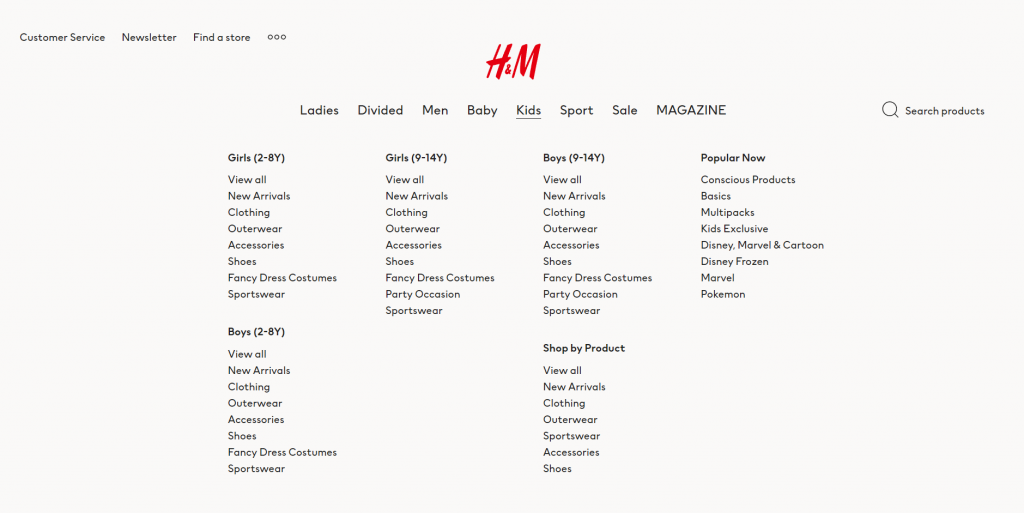 H&M's drop-down menu displaying the details for the Kids' category