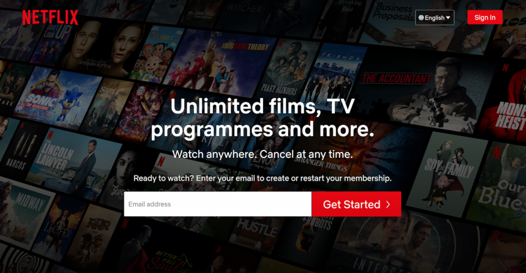 Netflix's landing page. Unlimited films, TV programmes, and more.