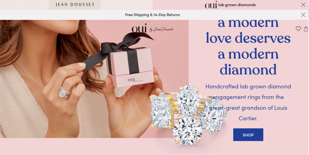 A screenshot of Oui's website with a pale pink and navy blue color scheme