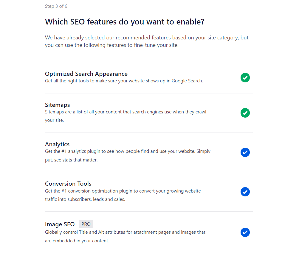 Step three of the setup wizard: Which SEO features do you want to enable?