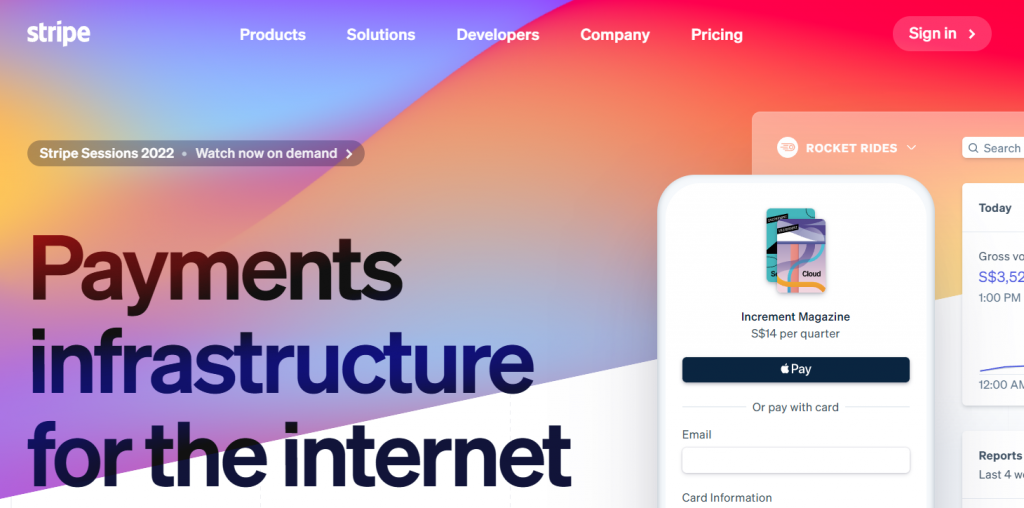 A screenshot of Stripe's website with a color gradient, white, and dark blue color scheme.