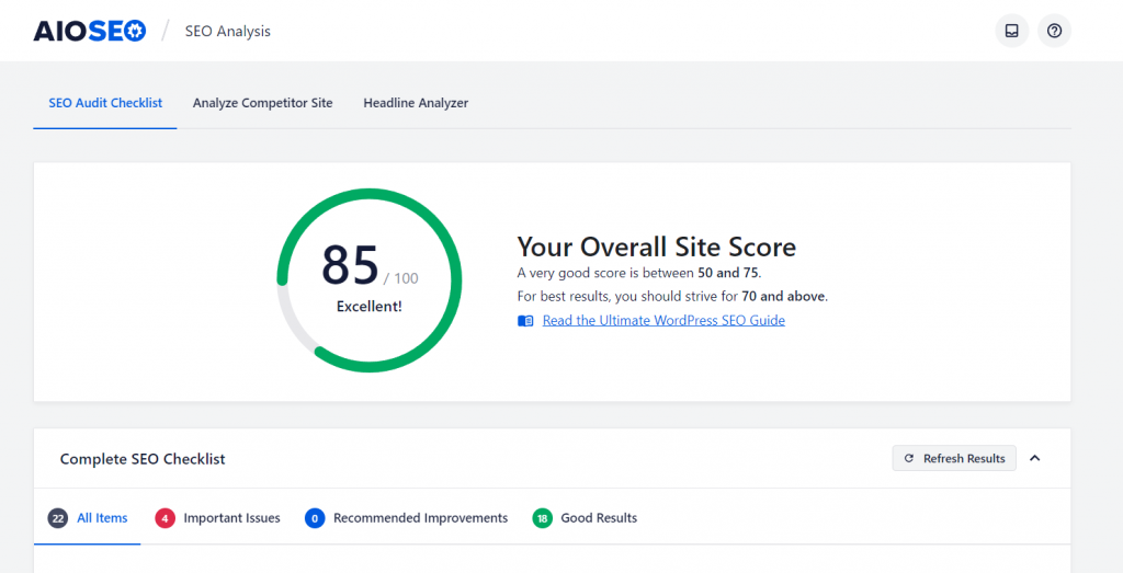 The site's SEO analysis score on the SEO Audit Checklist tab
