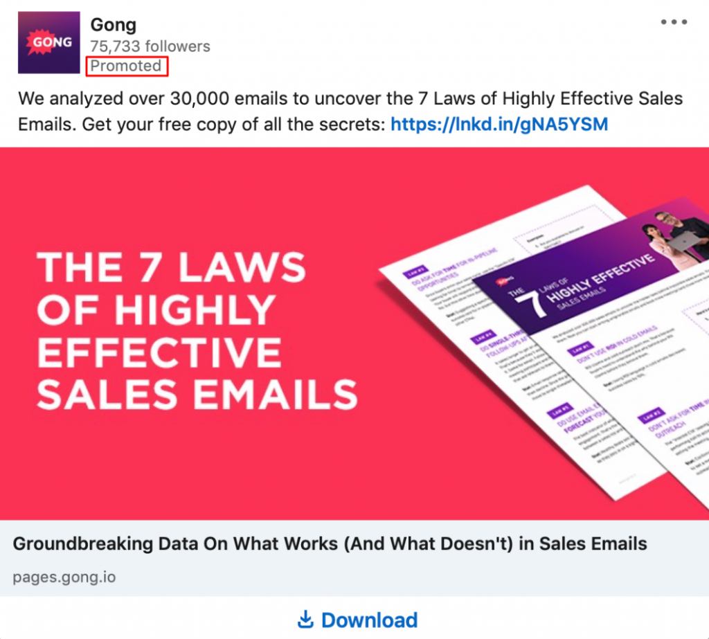 A LinkedIn ad showing "'Promoted" label, an ad image, and a "Download" call to action