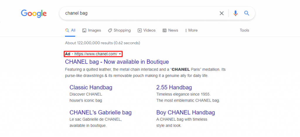 A search ad example on Google for the keyword "Chanel bag"