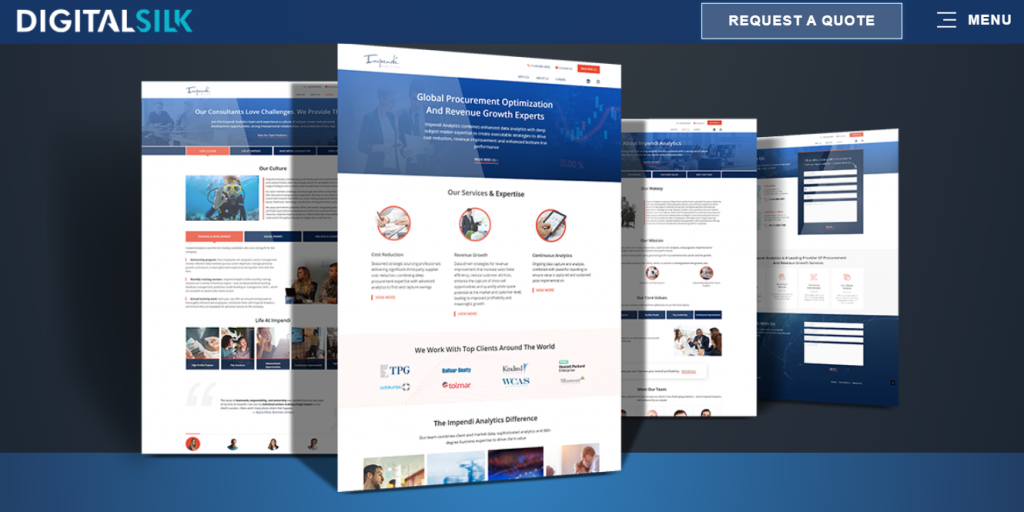 A glance into some of the Impendi Analytics web pages, one of Digital Silk's web design projects