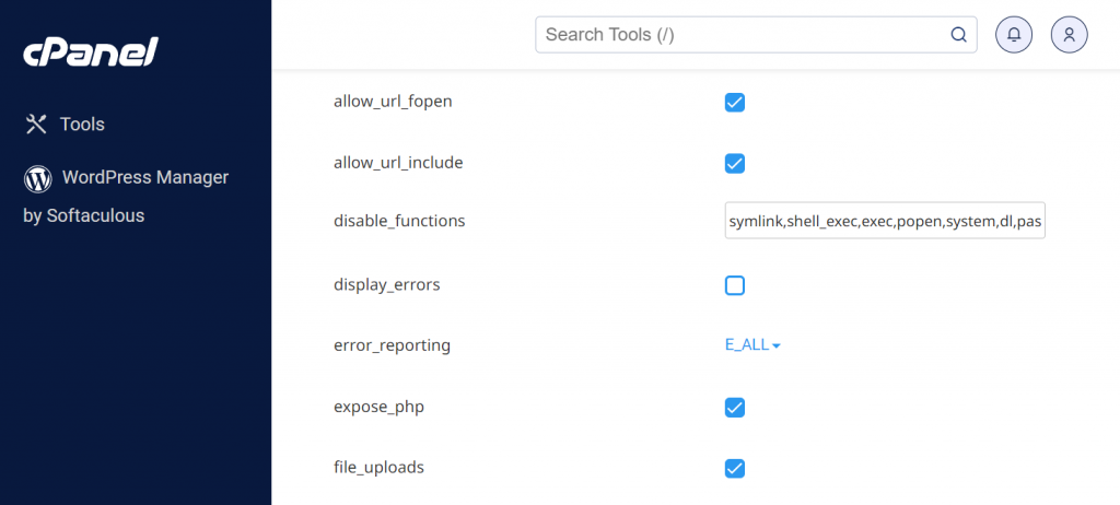 PHP Selector's configuration menu in cPanel
