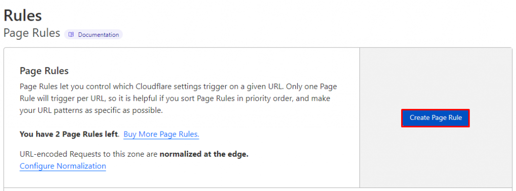 The Page Rules tab on Cloudflare with the Create Page Rule button highlighted