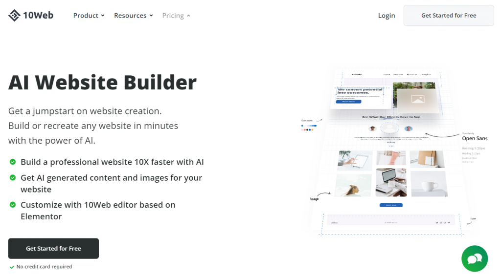 The landing page of 10web AI builder
